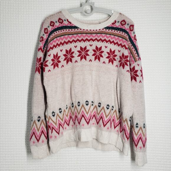 Wonder Nation Fairisle Sweater Girls Large 10-12 White Pink Holiday Winter Cozy - Picture 1 of 16